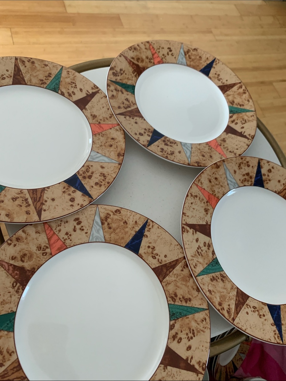 Burlwood Compass Rim Dinner Plates — White with Multicolor Accents